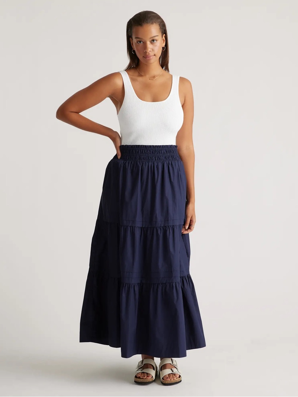 Quince 100% Organic Cotton Poplin Tiered Maxi Skirt with Pockets XL in Navy Blue